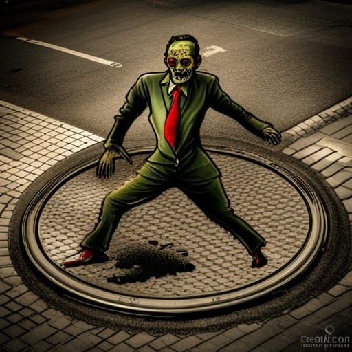 Zombie Rises from Manhole in Hyperrealistic Digital Art