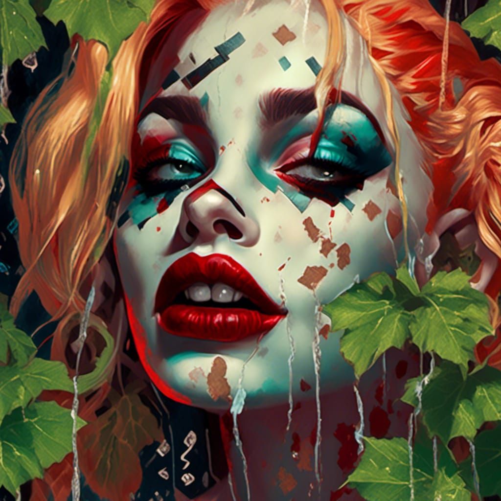 Harley Quinn's Cursed Kiss, Klimt-Inspired Pop Art