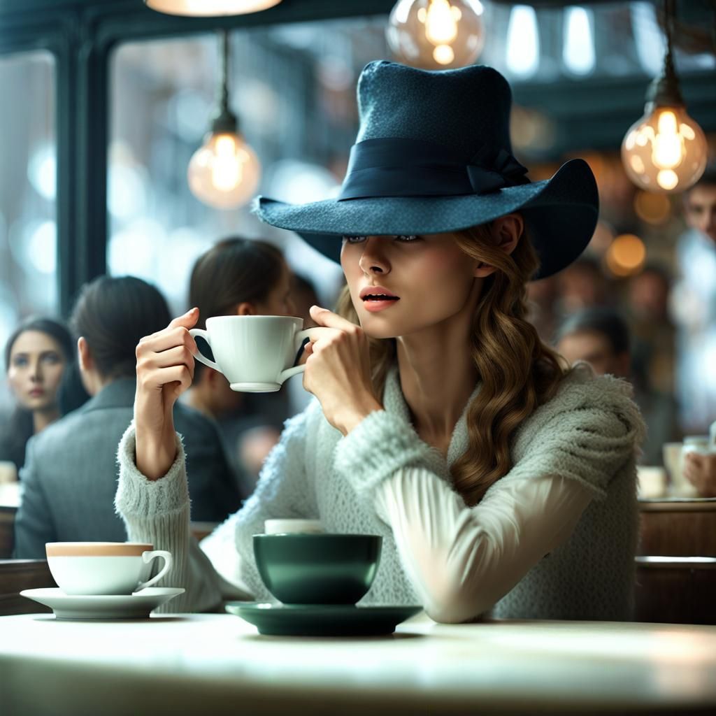 Beautiful Woman Having Tea: Photorealistic Portrait