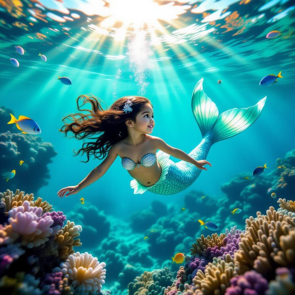 Shimmering Mermaid in Coral Reef, Photorealistic Style