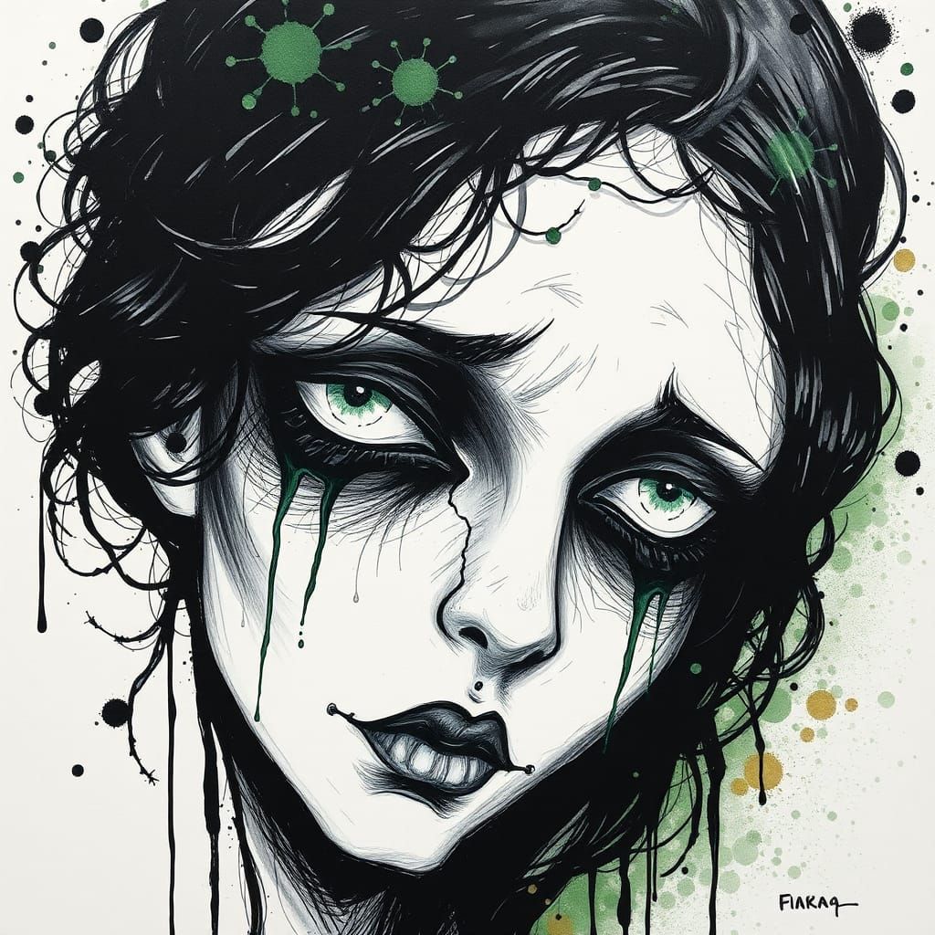 Gothic Mournful Face in Surreal Ink Art