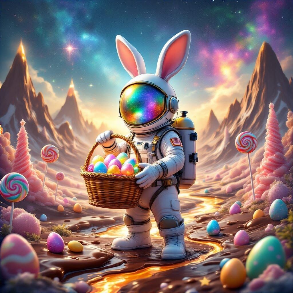 Easter Bunny Discovers Chocolate Planet in Vibrant Space Lan...