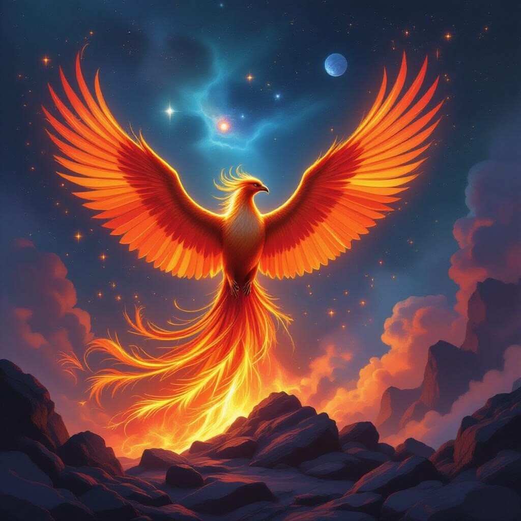 Majestic Phoenix Rises from Ashes in Cosmic Nebula