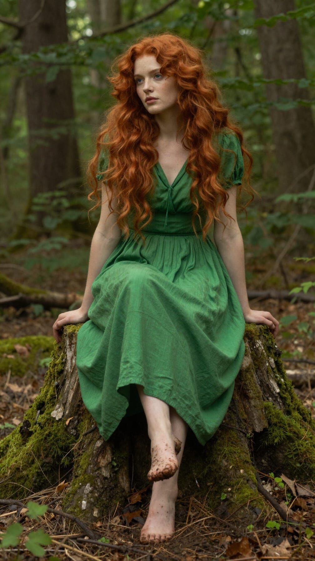 Redhead Woman in Forest, Dirty Feet on Stump
