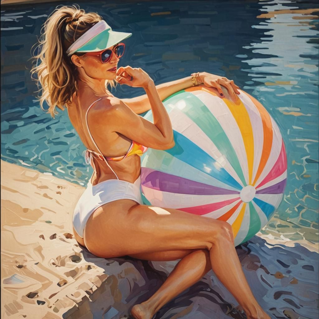 British Woman with Beach Ball in Hockney Style