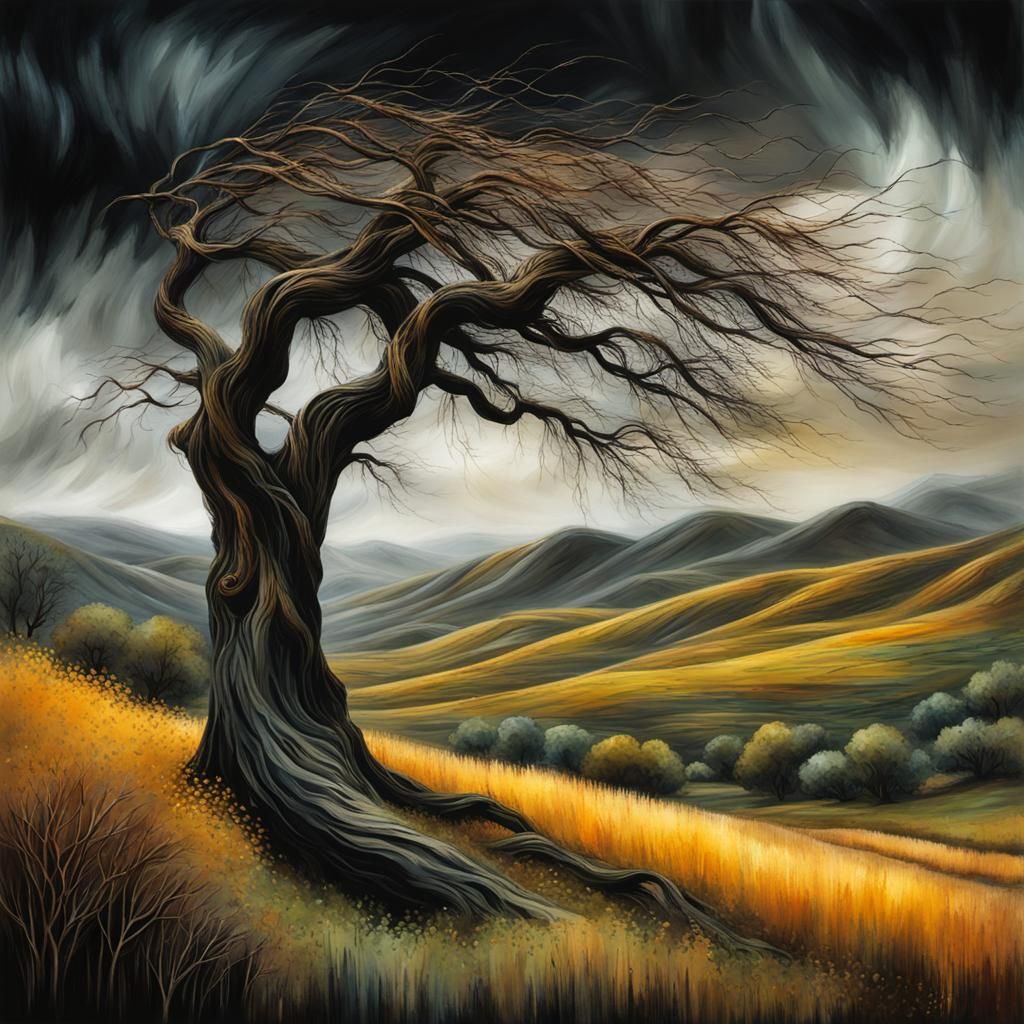 Wind-Shaken Willow Tree in Encaustic Digital Art