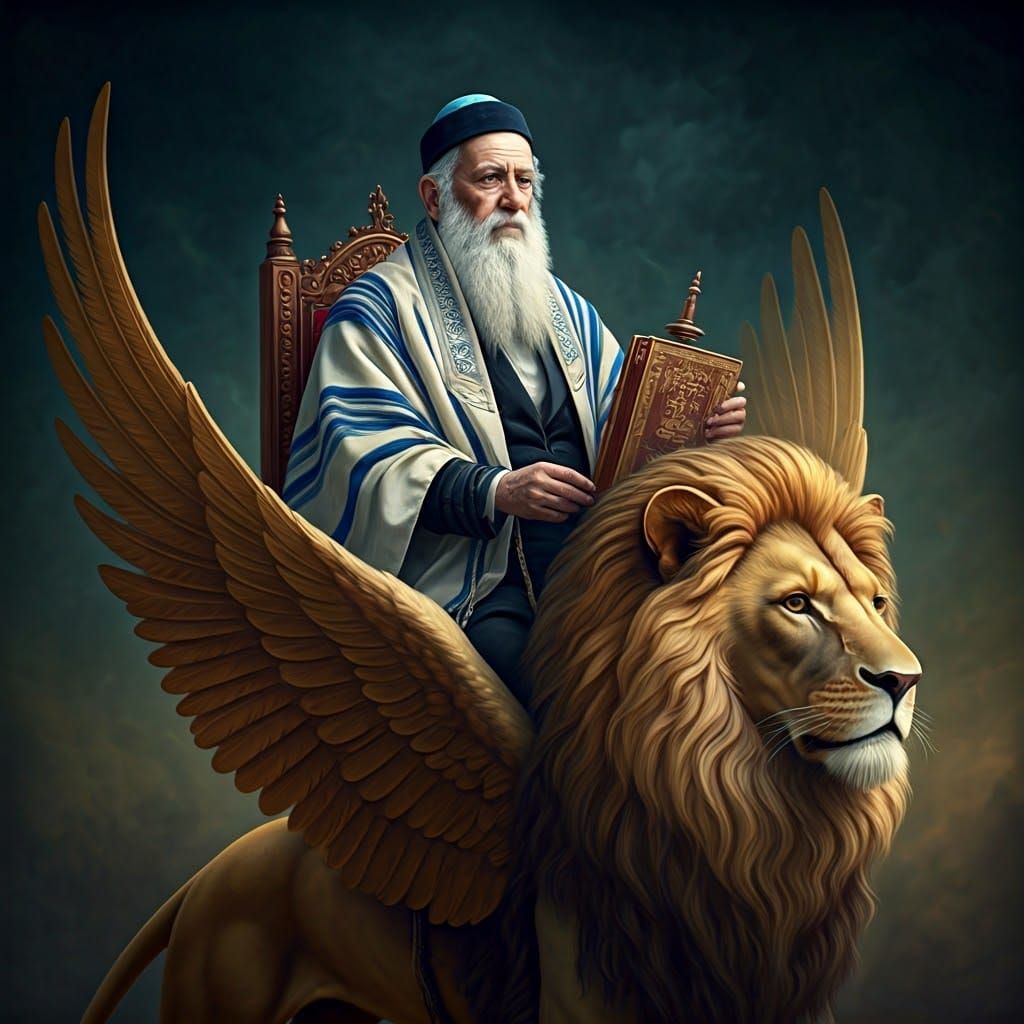 Rabbi Rides Golden Lion in Surreal Style