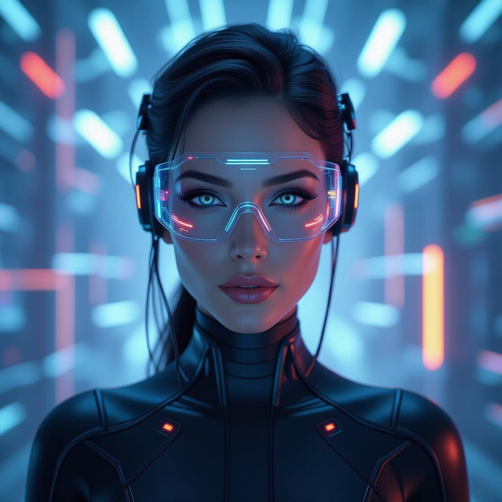 Neon Cyborg Woman Portrait in Cyberpunk Style