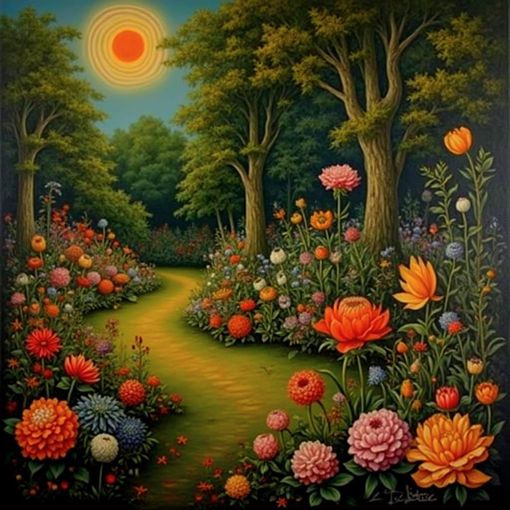 Surreal Garden Oil Painting in Richard Dadd Style