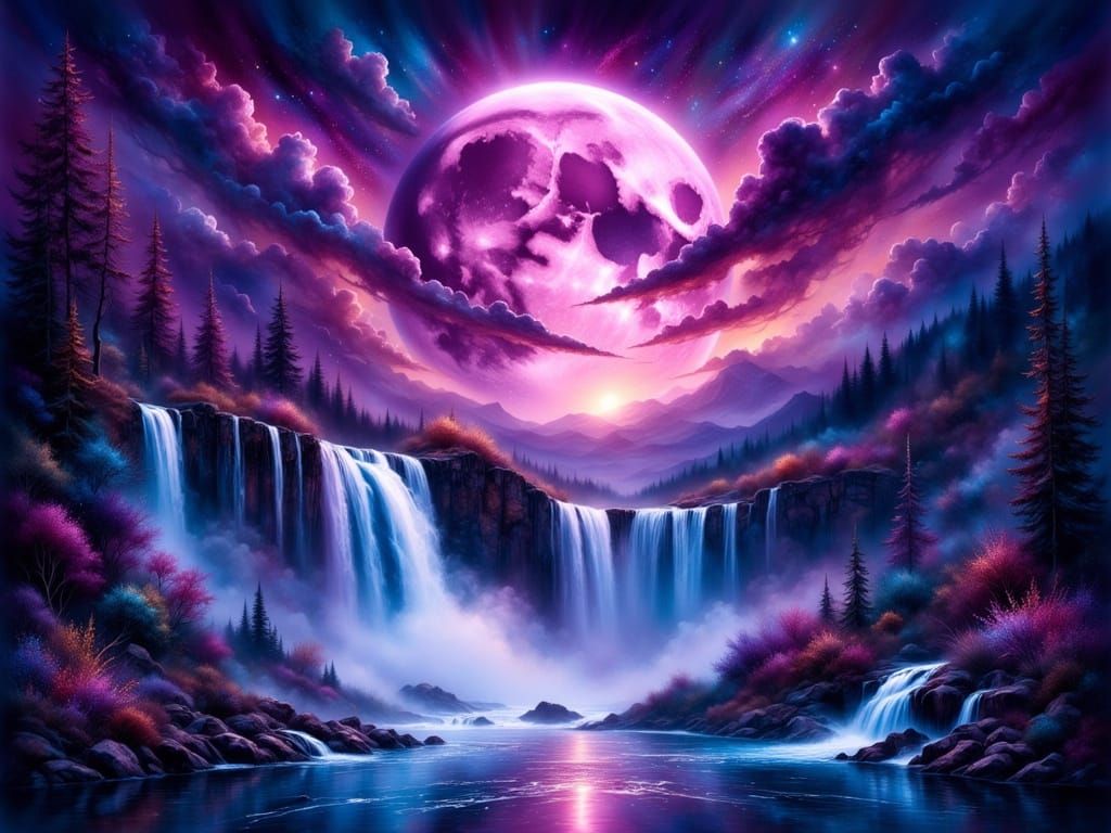Luminous Magenta Moonlit Waterfall in Twilight Forest