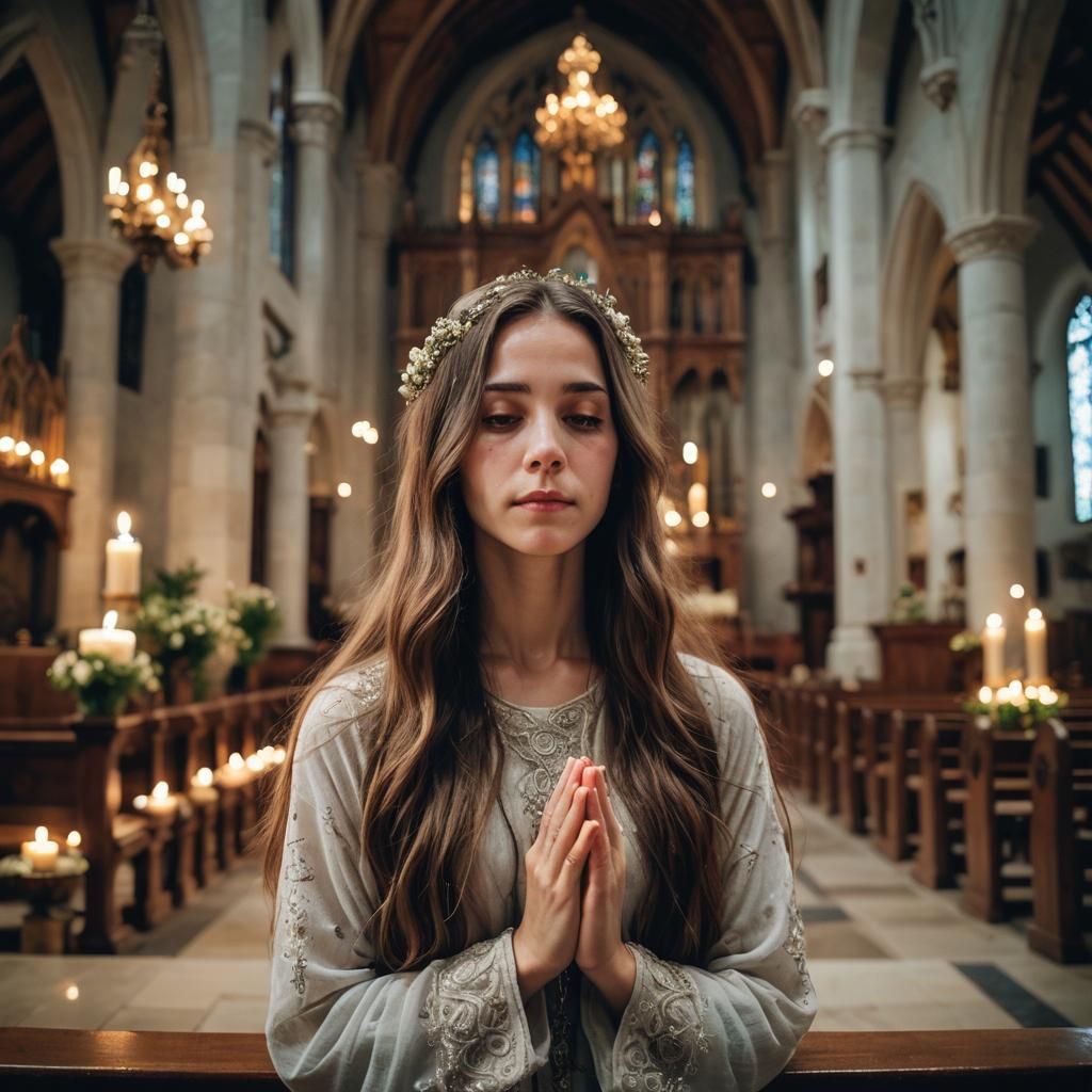 Woman Praying in Chapel, Soft Focus Photography