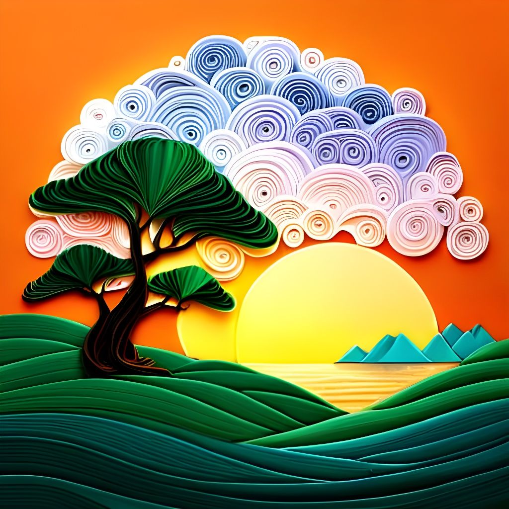 African Sunrise Landscape in Paper Quilling Style
