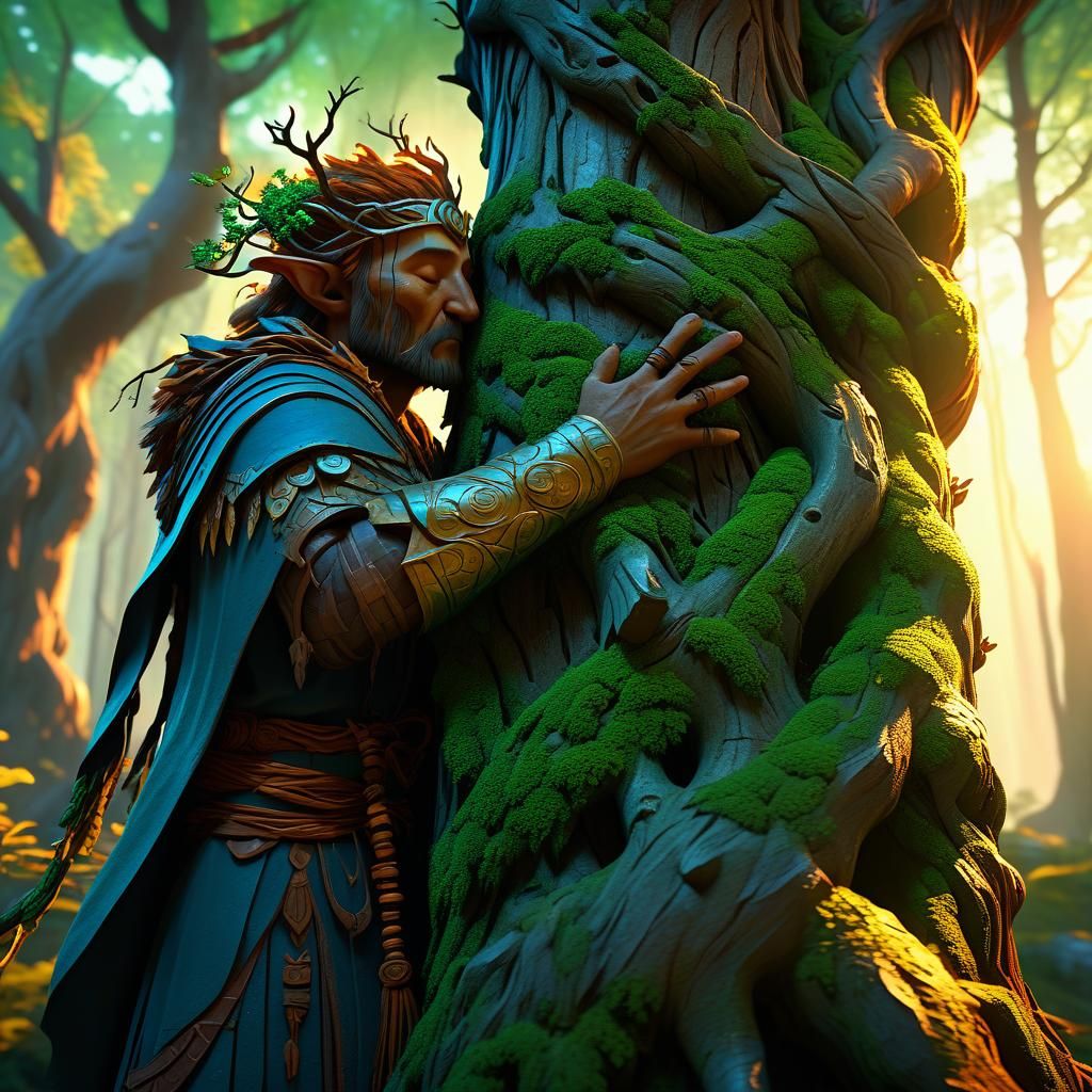 Mystical Druid Hugging Tree: 3D Game Cinematic