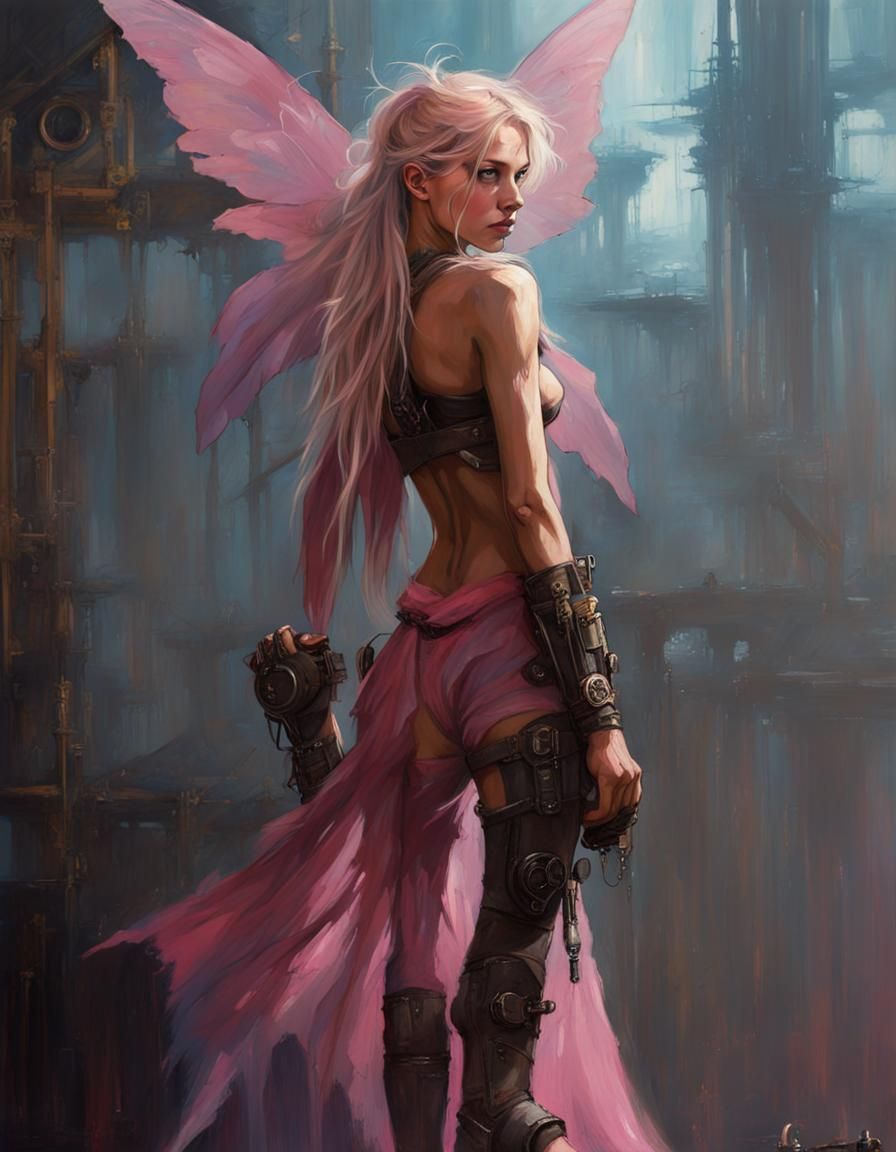 Steampunk Pink Fairy in Cyberpunk Acrylic Style
