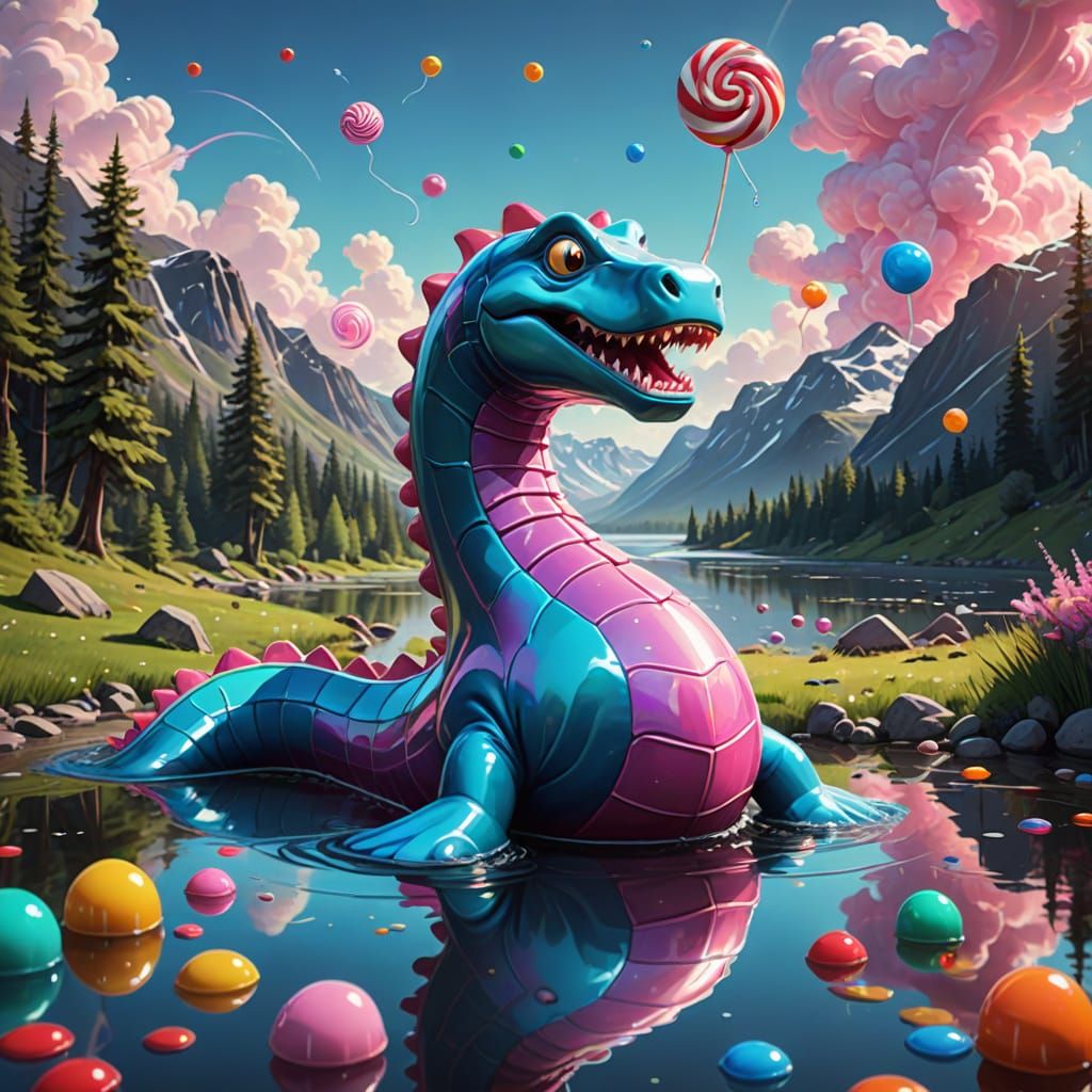 Whimsical Loch Ness Monster in Candy Art Style