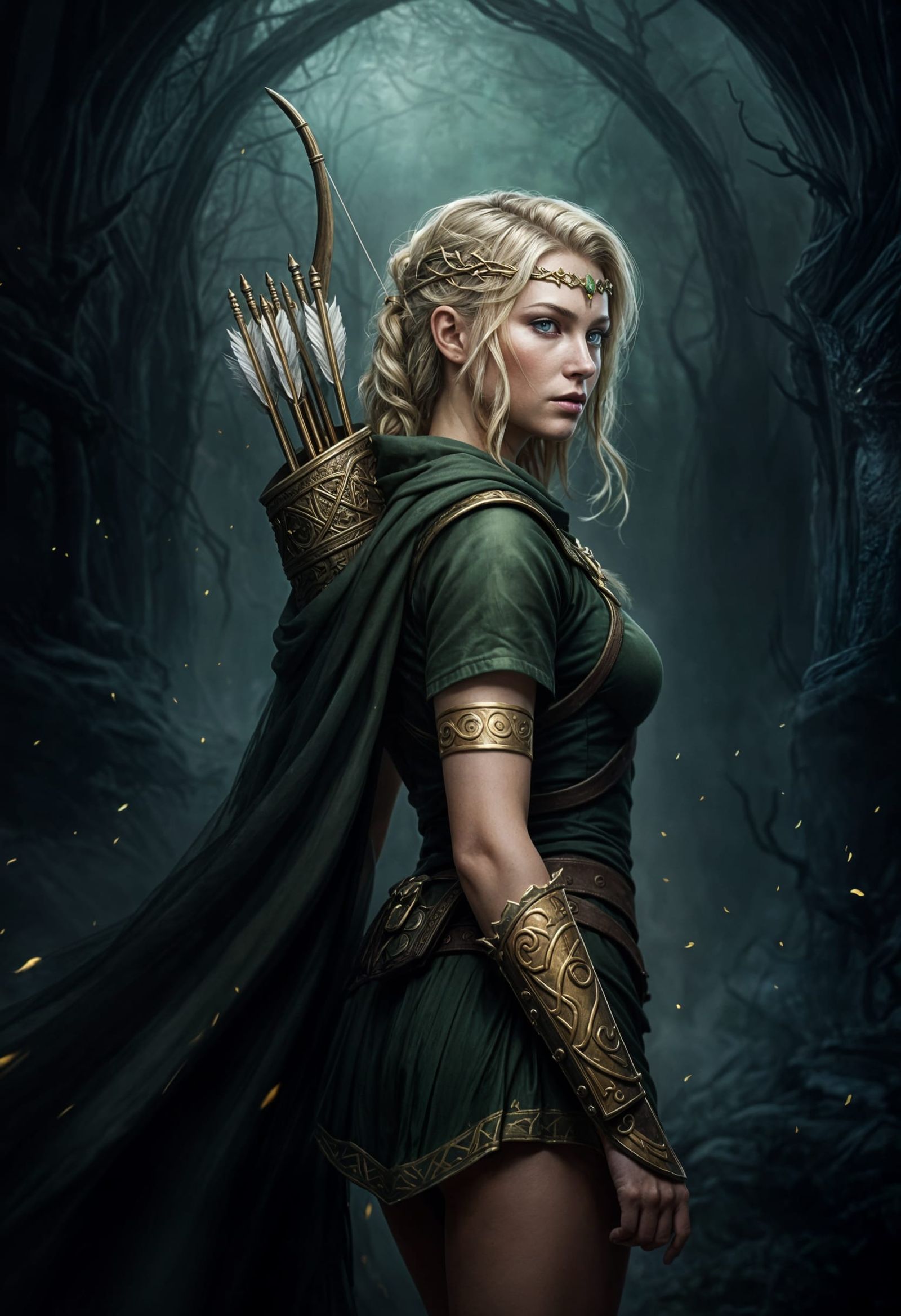 Female Hunter in Dark Fantasy Landscape