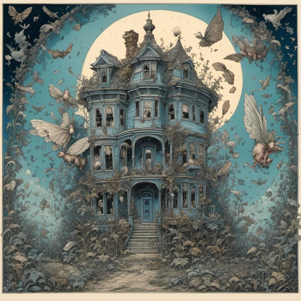 Dilapidated Blue House with Flying Ghosts