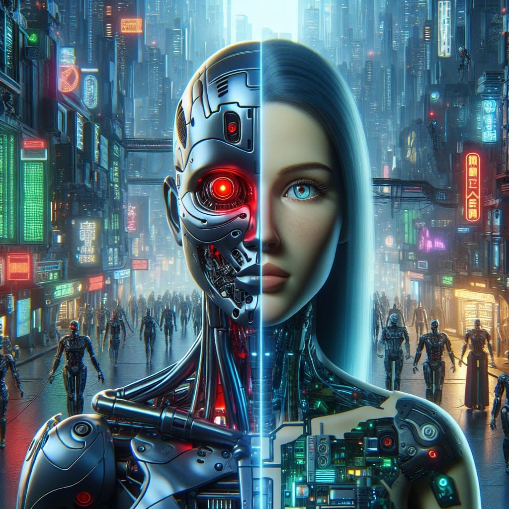 Hybrid Being in Cyberpunk Cityscape