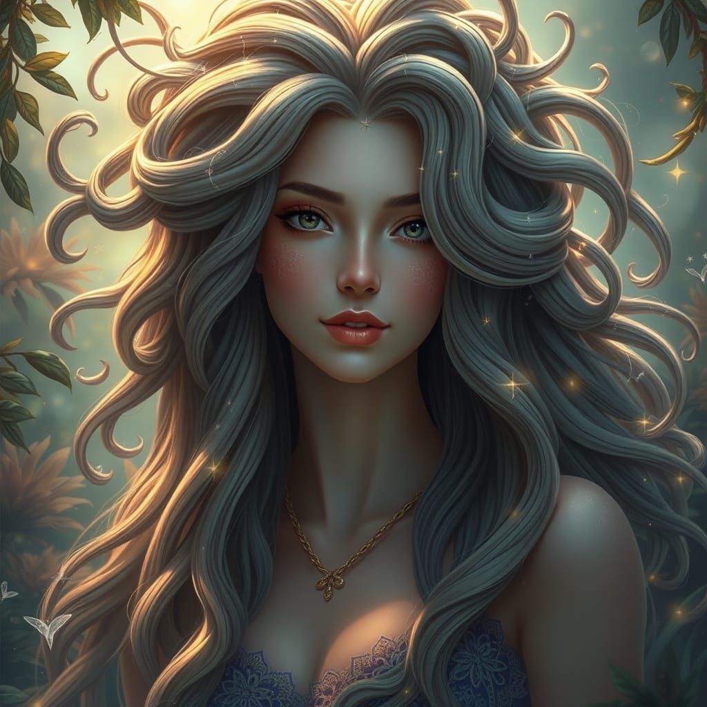 Goddess with Maze Hairpiece in Vibrant Dreamlike Environment