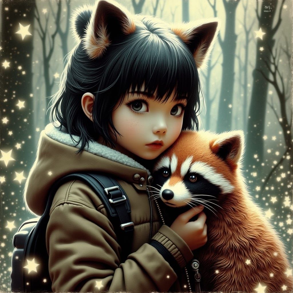 Whimsical Tanuki Companion in Fantastical Landscape