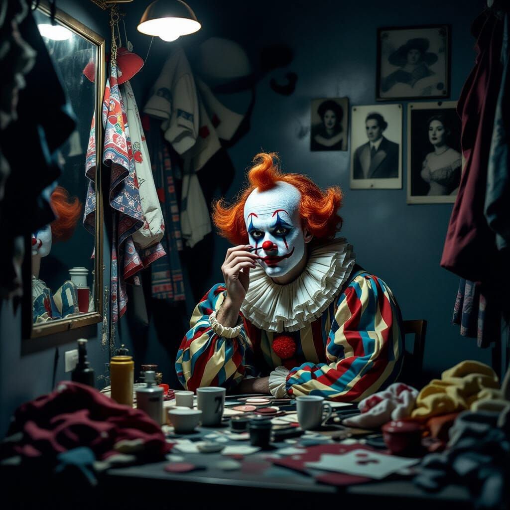 Melancholic Clown in Dressing Room, Vintage Film Photography
