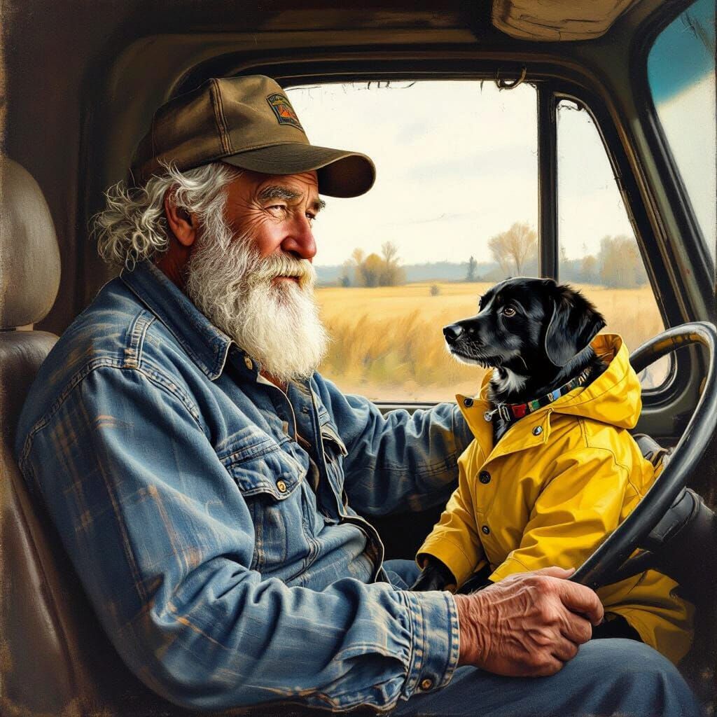 Truck Driver and Dog, Rustic Realism Style