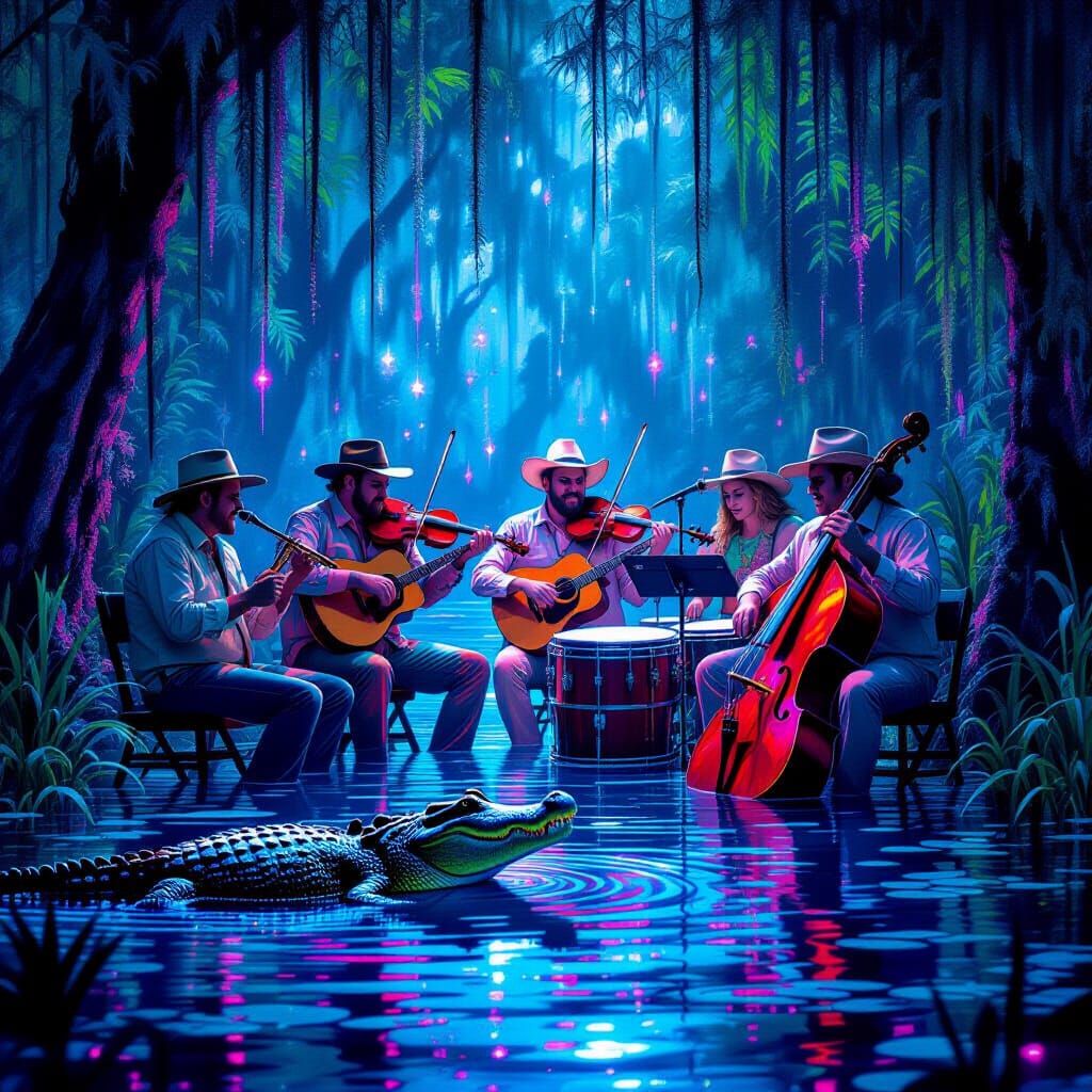 Cajun Band in Bioluminescent Swamp, Synthwave Art