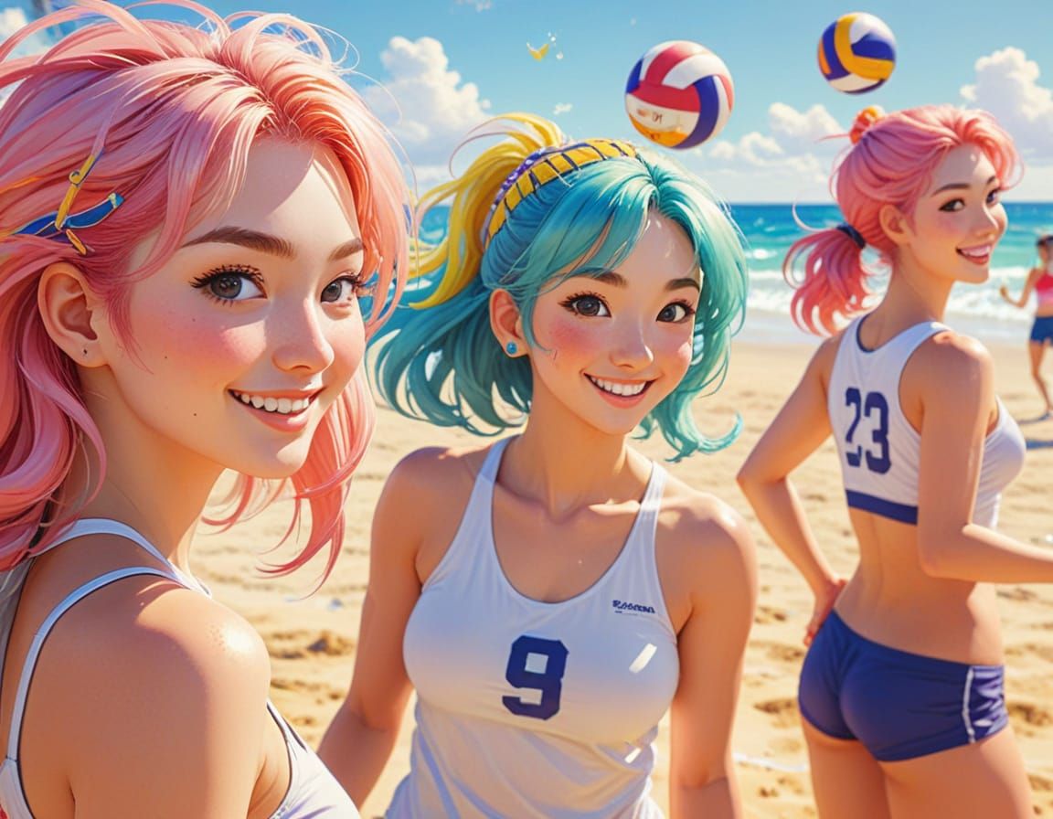 Kawaii Beach Volleyball in 1980s Anime Style