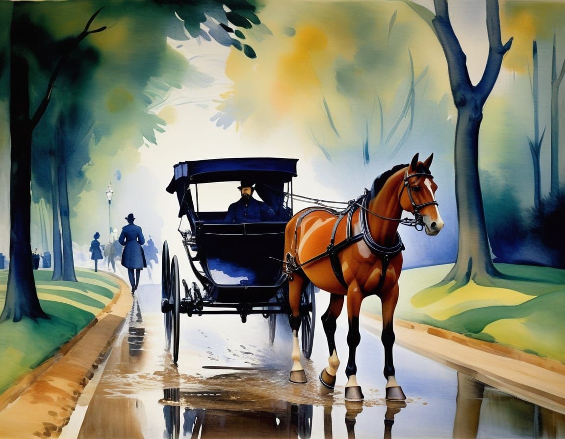 Horse and Carriage Painting Reflecting Fairies, Impressionis...