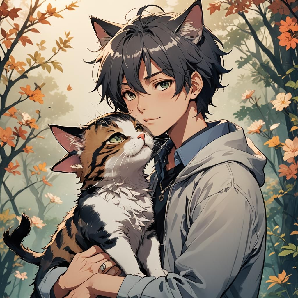 Neko Boy Affectionately Kisses Cat: Anime Style