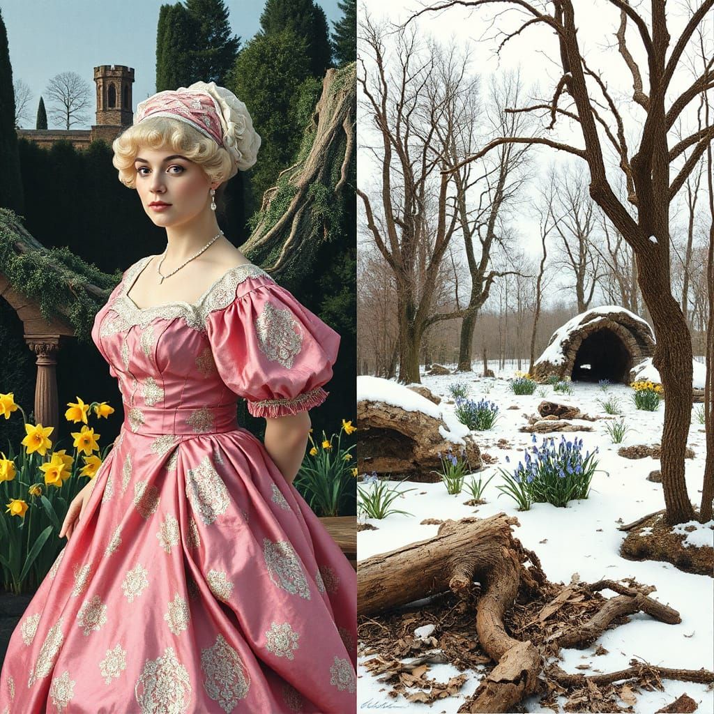 Woman in Edwardian Dress: Summer Bloom vs. Winter Decay
