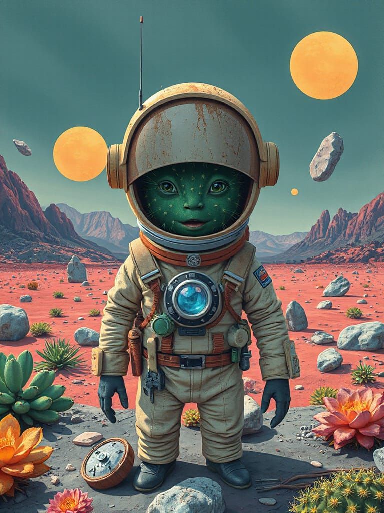 Cactus Space Explorer in Futuristic Alien Landscape