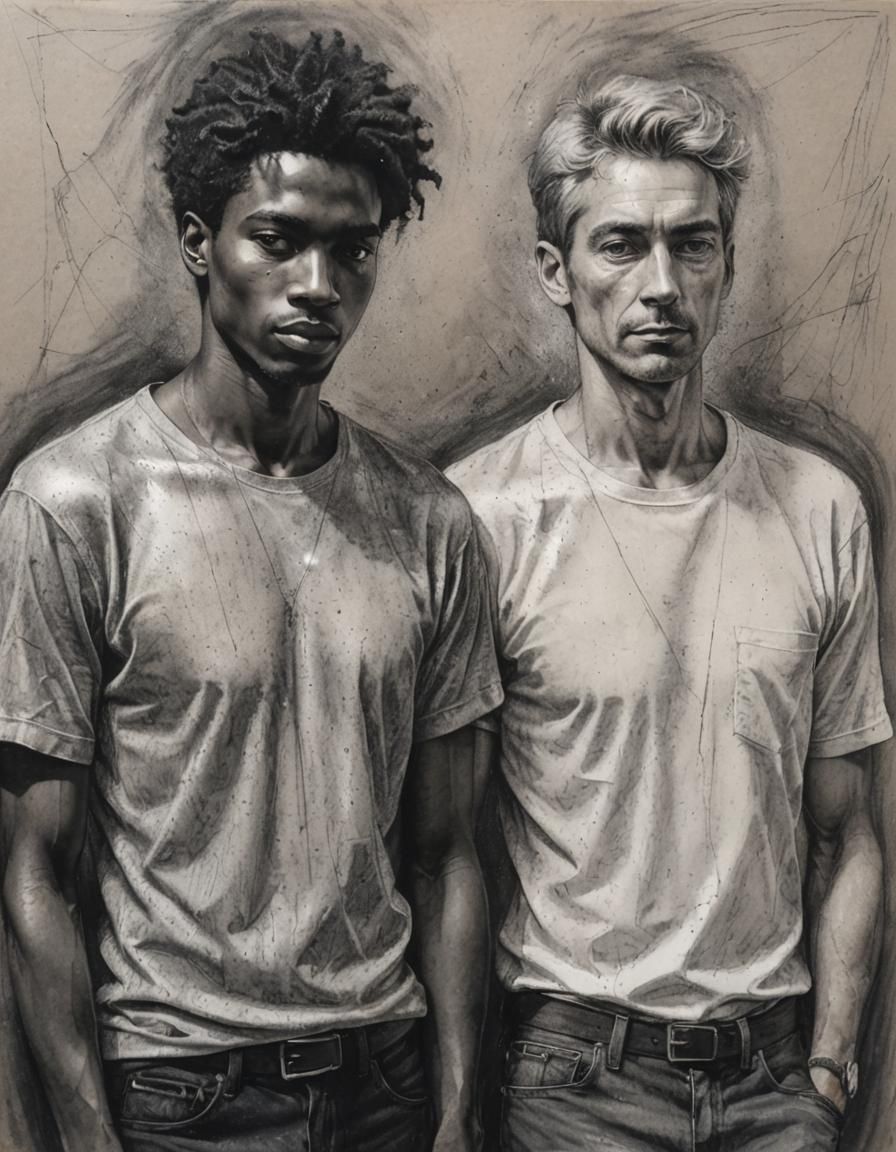 Striking Pencil Drawing of Two Men Leaning Together