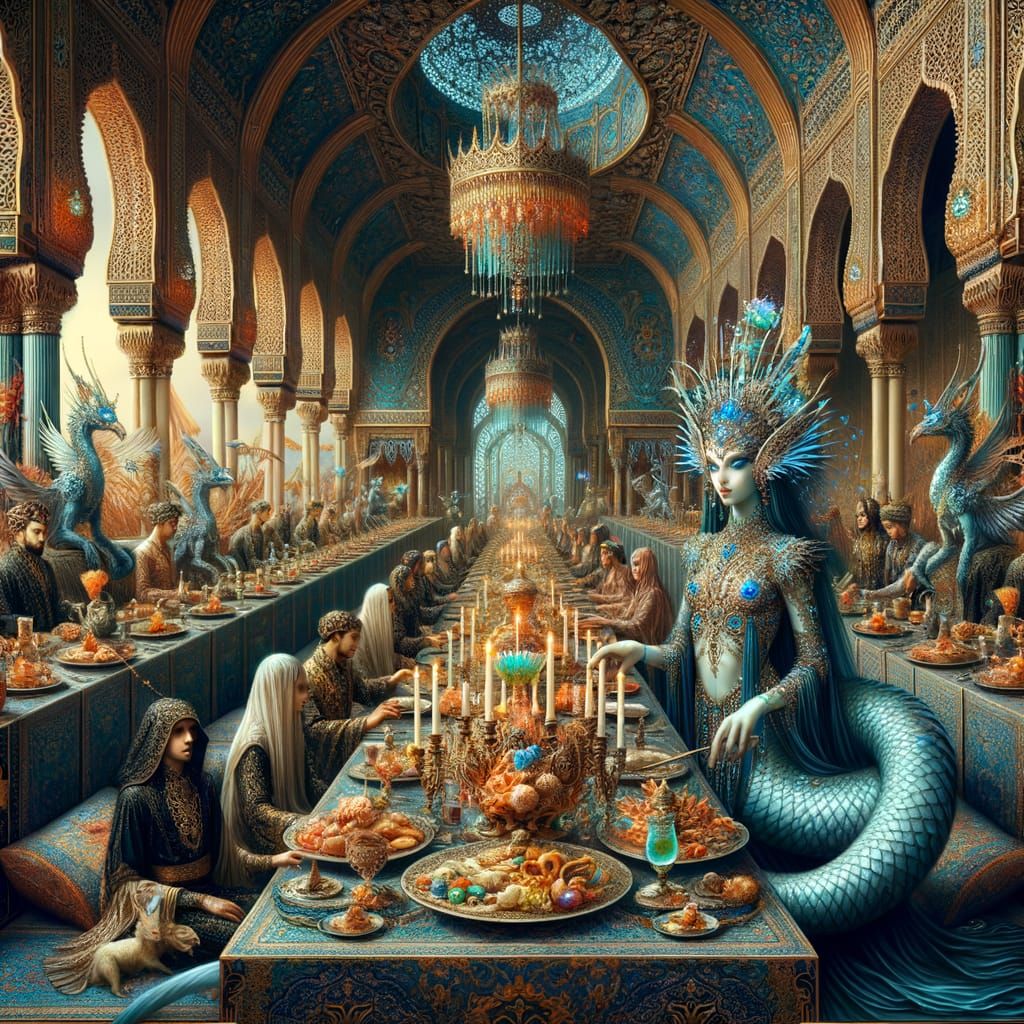 Majestic Arabian Banquet in Azure Court: A Lavish Fantasy Sc...