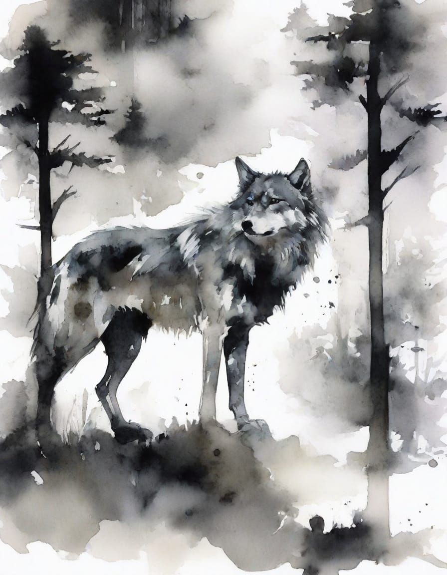 Ethereal Wolf Under Half Moonlit Skies in Watercolor
