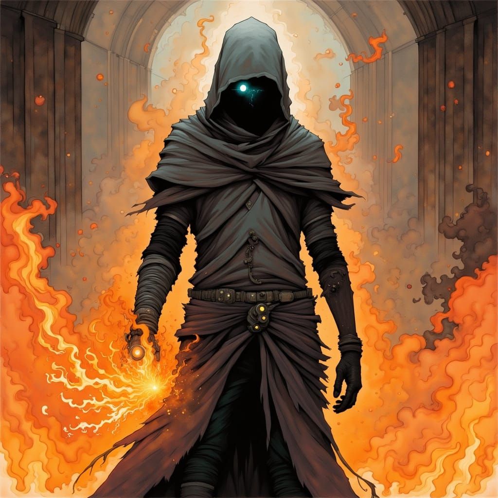 Mysterious Warrior Emerges from Celestial Flames in a Cyberp...