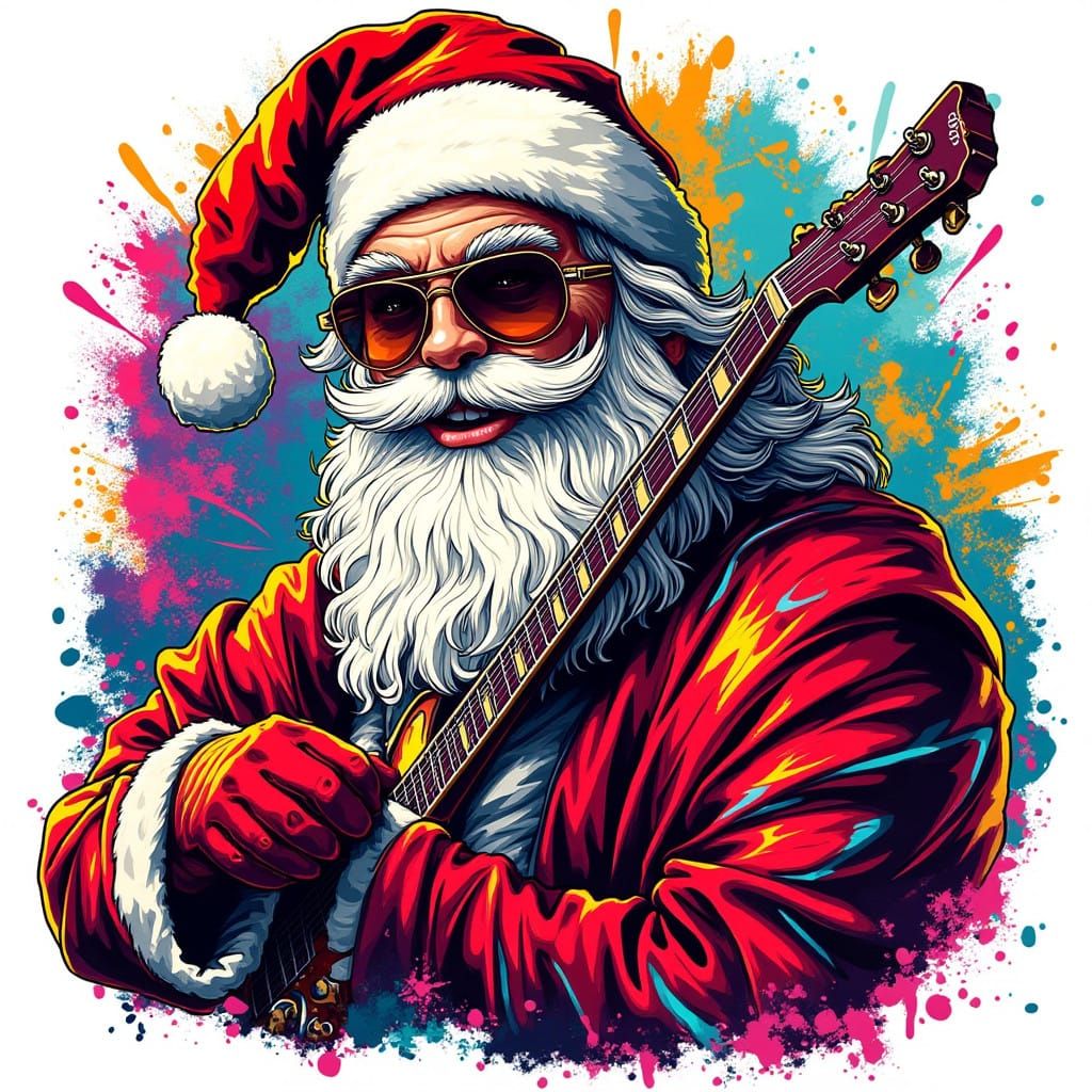 Hyper-Realistic Rockstar Santa Sticker Art in Cyberpunk Styl...
