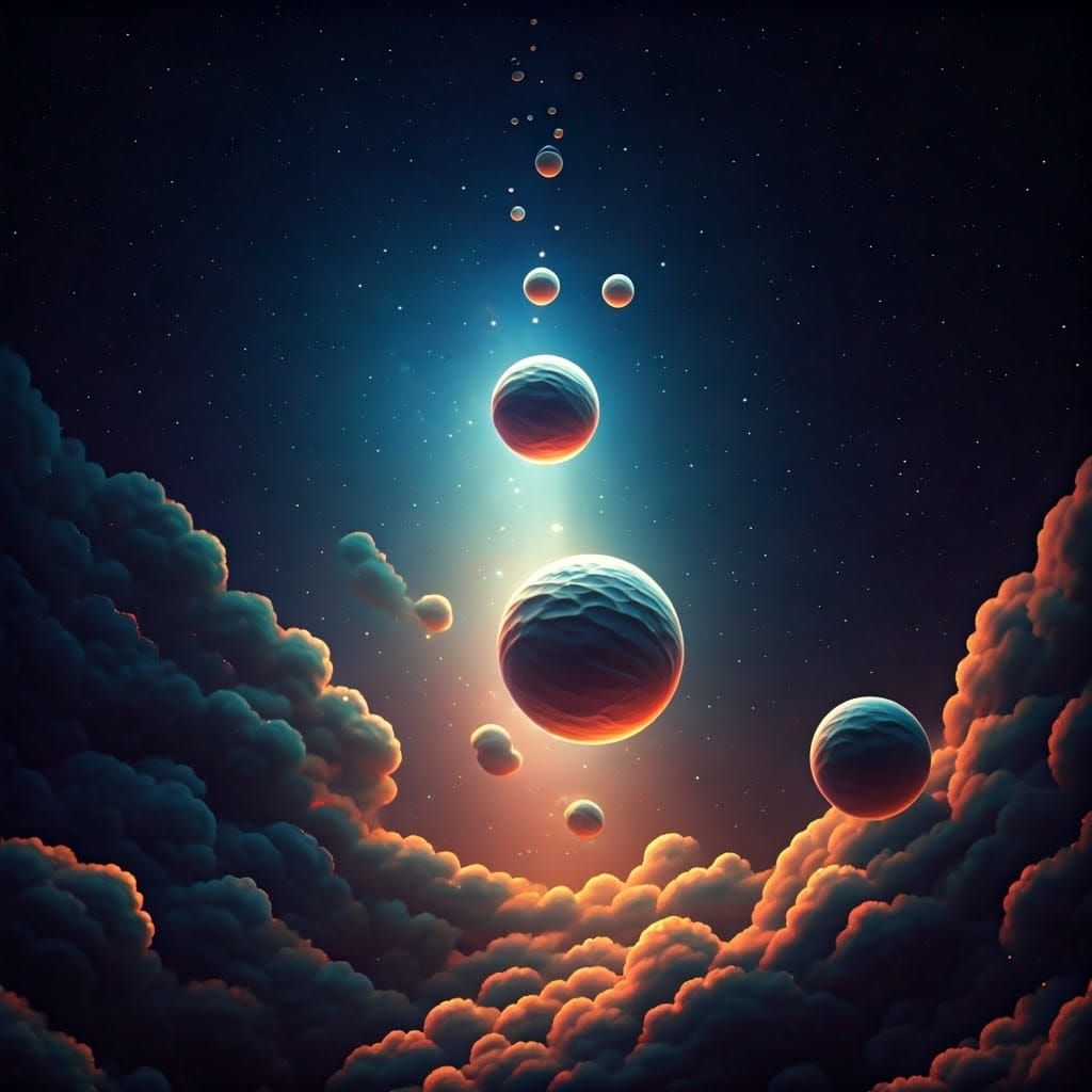 Iridescent Sand Bubbles Falling in Ethereal Space