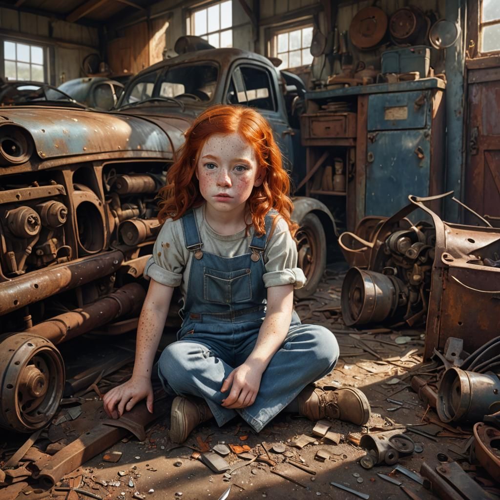 Girl Tinkering with Engine: Vibrant 3D Digital Art