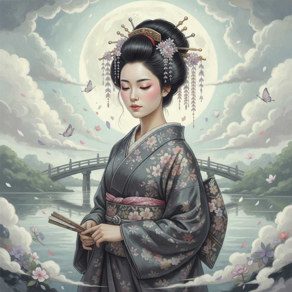 Elegant Japanese Woman in Kimono Under Full Moon