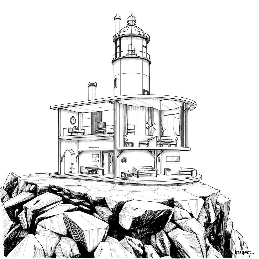 Lighthouse Home: Technical Drawing in Syd Mead Style