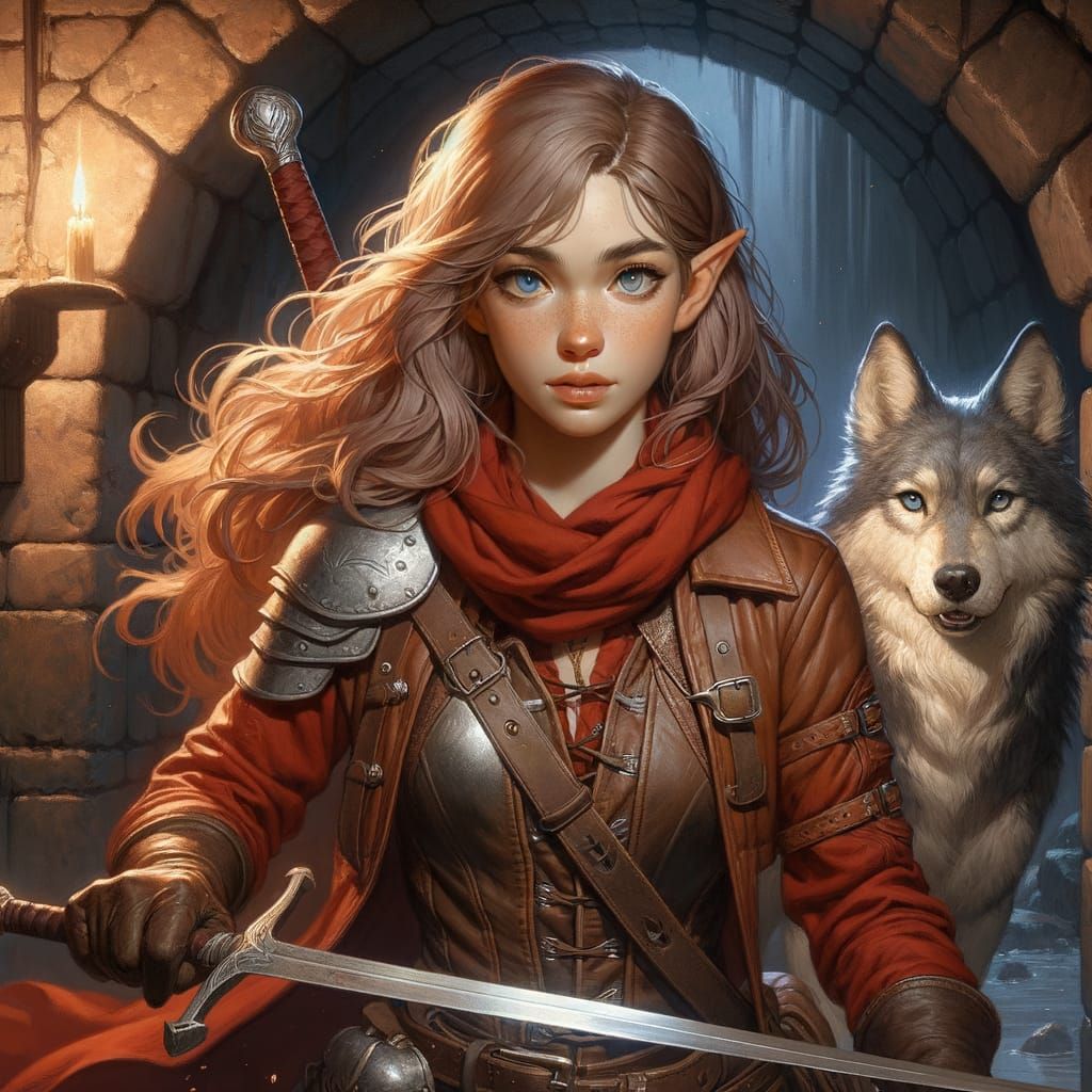 Half-Elf Woman and Wolf Exploring Dungeon