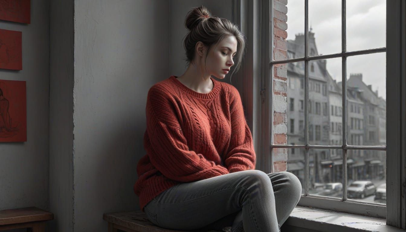 Grayscale Pencil Sketch of a Woman in Cozy Sweater