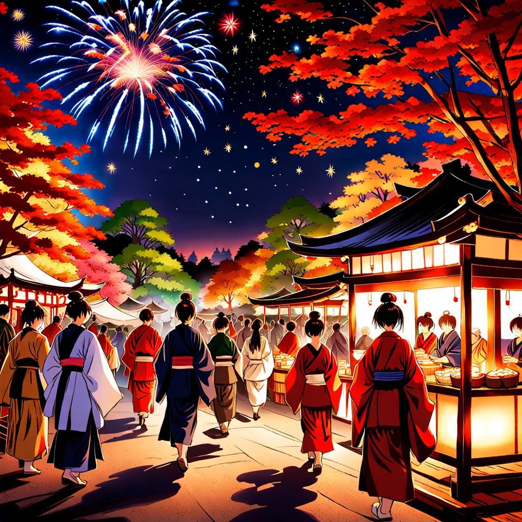 Festive Japanese Autumn Festival at Night
