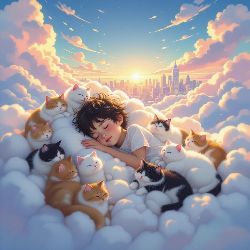 Child Sleeping Peacefully with Cats on Cloud, Dreamlike Digi...
