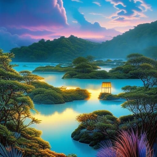 Twilight at Blue Lagoon: Hawaiian Wetland Landscape
