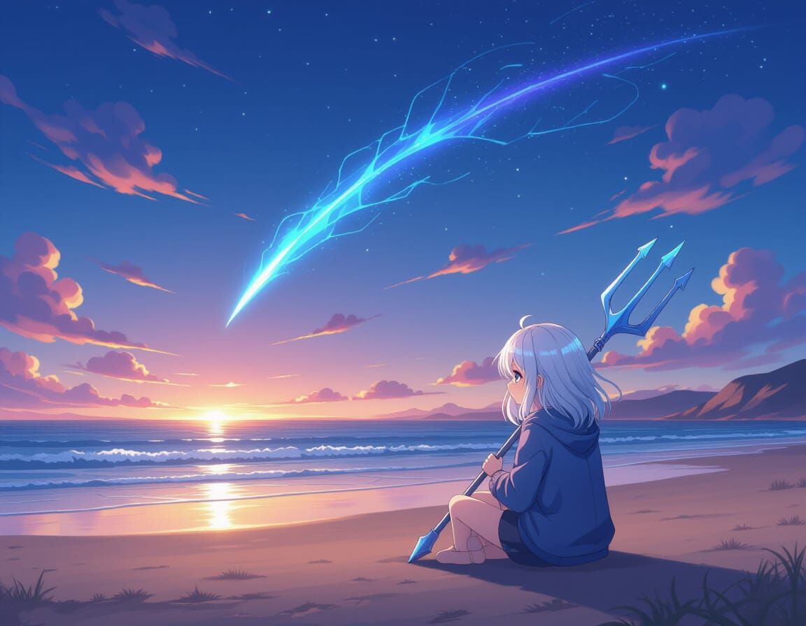 Epic Twilight Beach Scene with Anime Girl