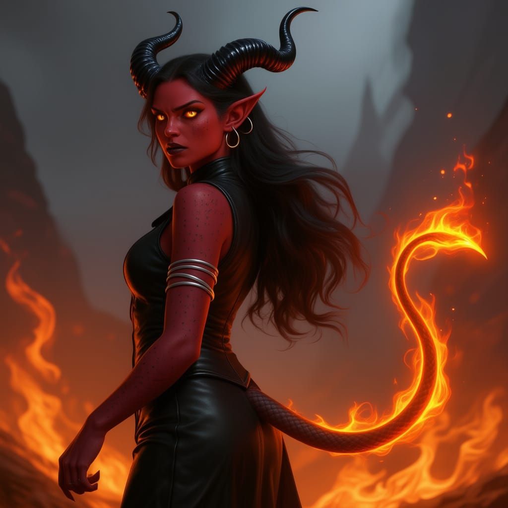 Crimson Tiefling Sorceress with Molten Gold Eyes
