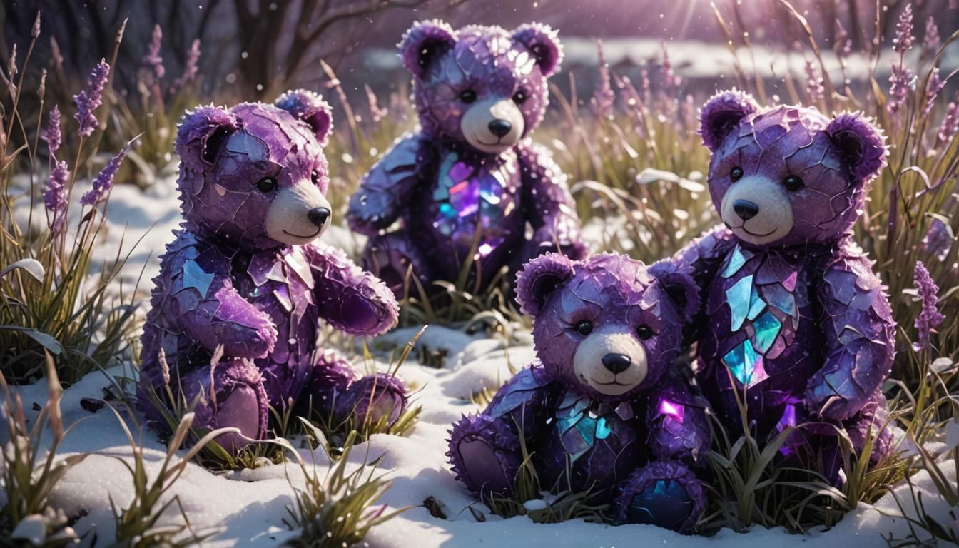 Purple teddy bears in the  snowygrass, Broken Glass effect, ...