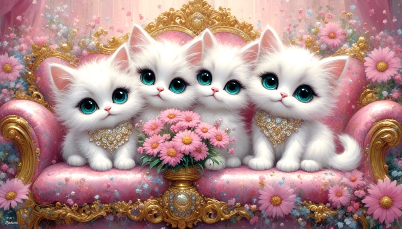 <lora:dreamy:1.0> <lora:Ultra Cute:1.0> adorable fluffy white chibi kittens sitting on a jeweled gold metalic couch with...